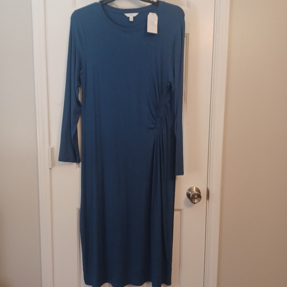 NEW Time And Tru Long Sleeve Ruched Side Midi Dress Sz L - Picture 1 of 4